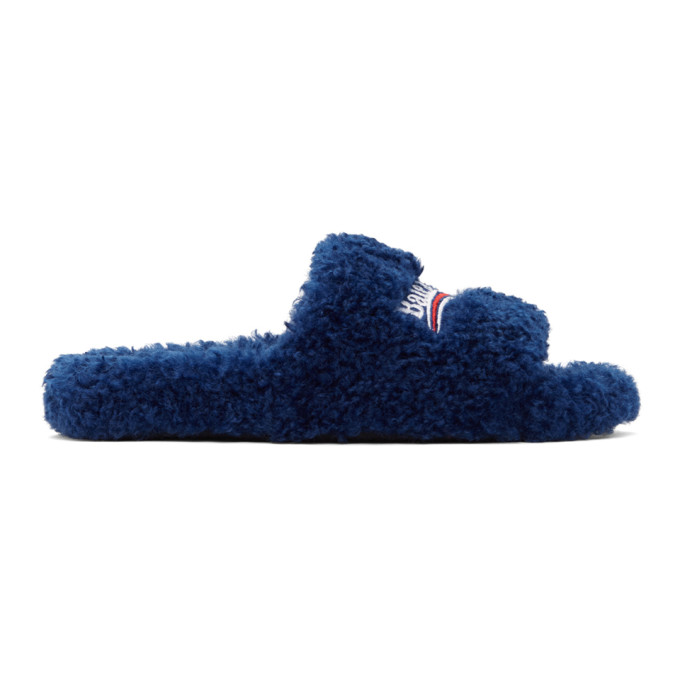 BALENCIAGA BLUE FURRY SLIDE SANDALS