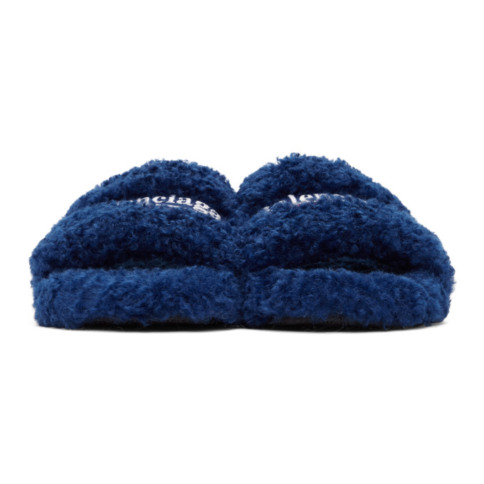 BALENCIAGA BLUE FURRY SLIDE SANDALS