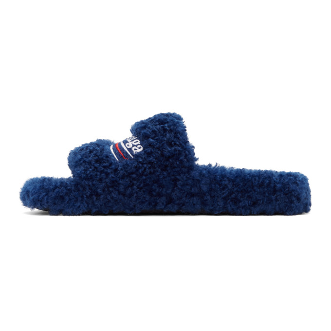 BALENCIAGA BLUE FURRY SLIDE SANDALS