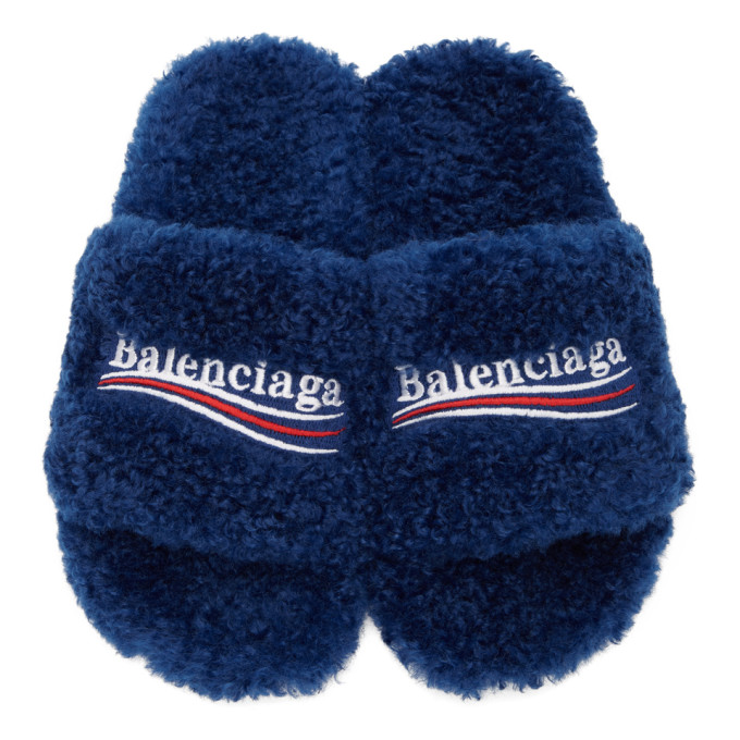 BALENCIAGA BLUE FURRY SLIDE SANDALS
