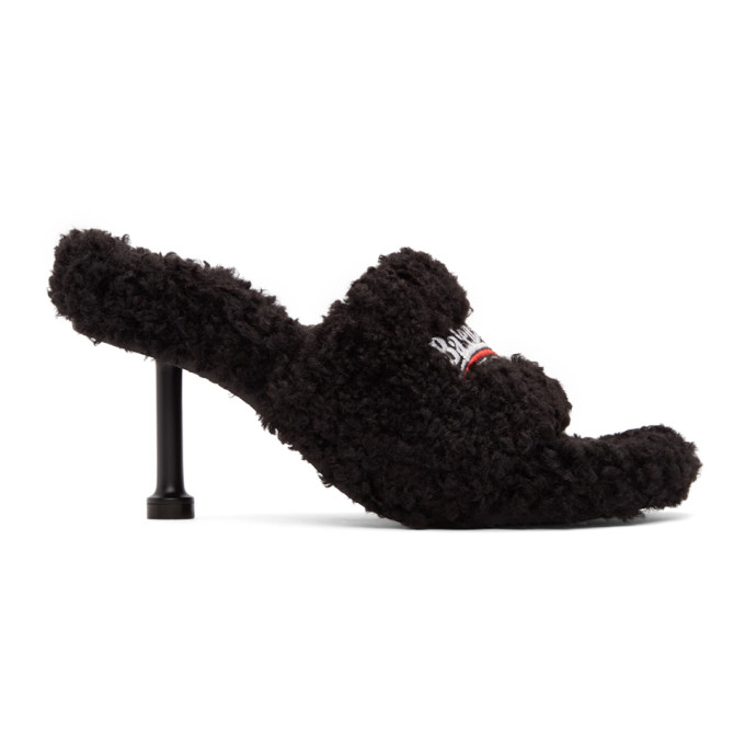 BALENCIAGA BLACK FURRY 80MM HEELED SANDALS