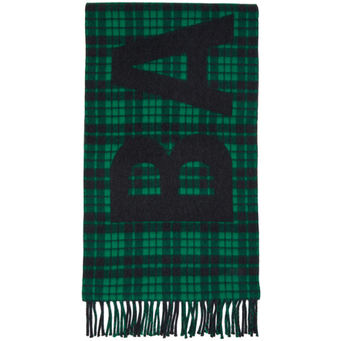 Balenciaga Green and Black Tartan Giant Logo Scarf