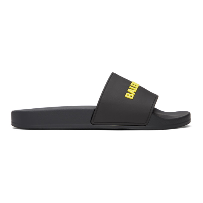 BALENCIAGA BLACK & YELLOW LOGO POOL SLIDES