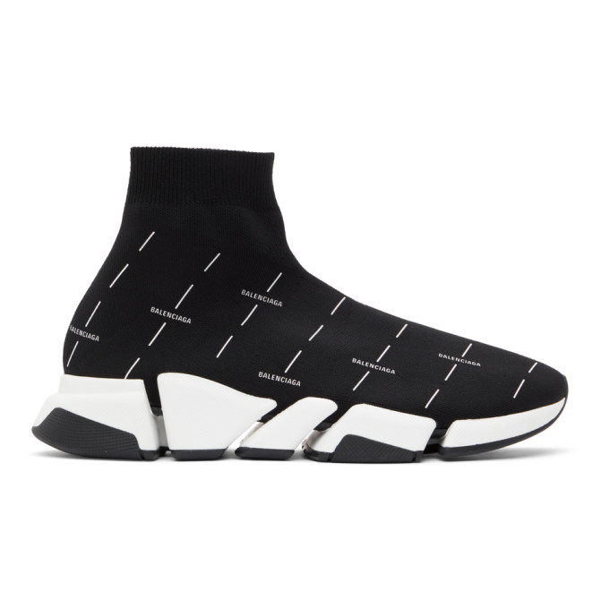 Balenciaga Black and White Logo Speed 2.0 Sneakers