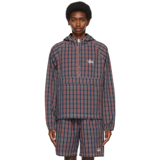 Stussy Navy Brushed Cotton Anorak Jacket In Plaid