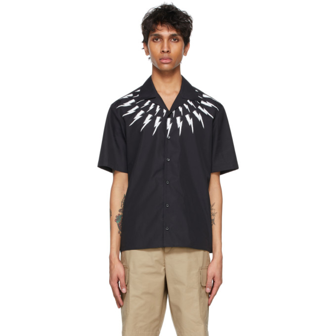 NEIL BARRETT BLACK FAIR-ISLE THUNDERBOLT PRINT SHORT SLEEVE SHIRT