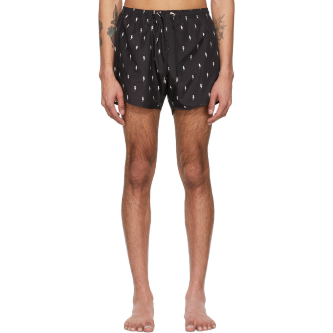 NEIL BARRETT BLACK ALLOVER THUNDERBOLT SWIM SHORTS