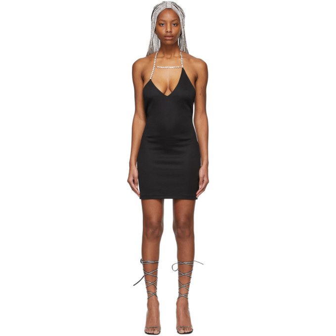 AREA BLACK ASYMMETRICAL CRYSTAL HALTER MINI DRESS