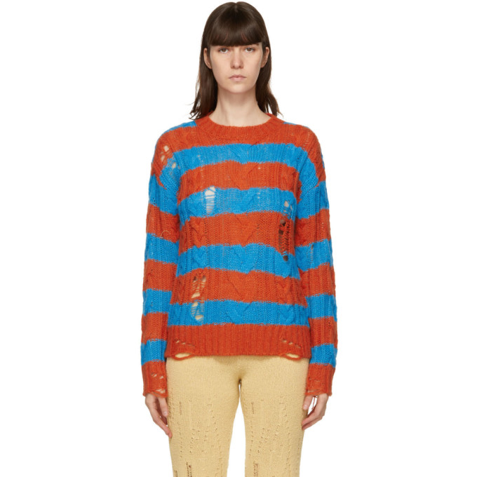 Andersson Bell Orange and Blue Destroyed Stripe Cable Sweater