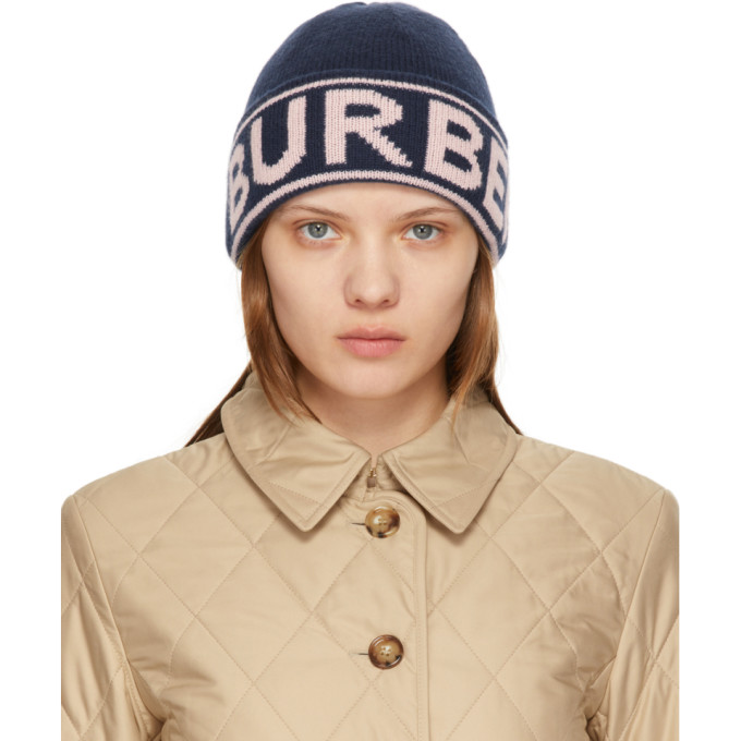 Burberry Navy Cashmere Intarsia Logo Beanie