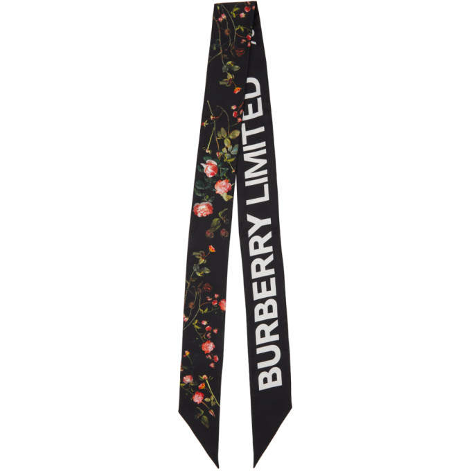 Burberry Black Silk Montage Print Skinny Scarf