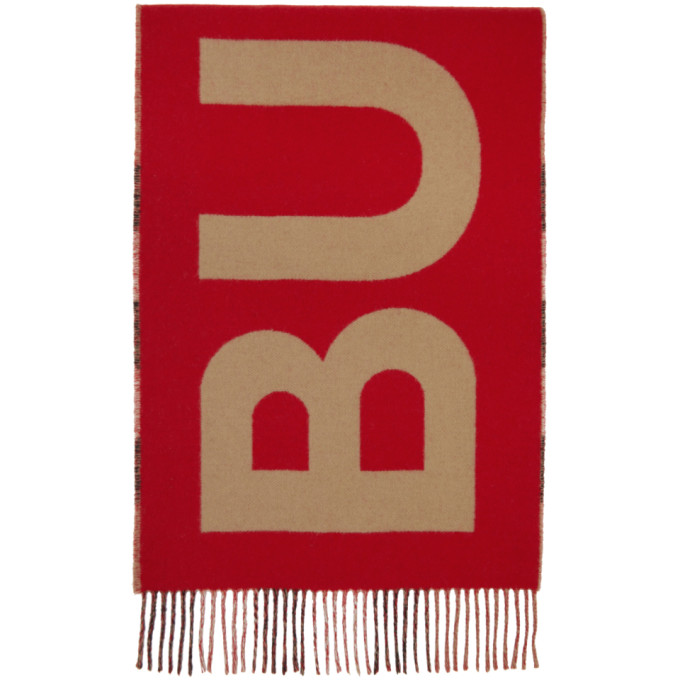 BURBERRY BEIGE & RED CASHMERE MEGA CHECK LOGO SCARF