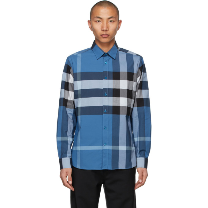 BURBERRY BLUE STRETCH POPLIN CHECK SHIRT