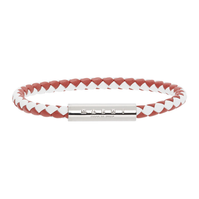 Marni Red and White Braided Leather Bracelet