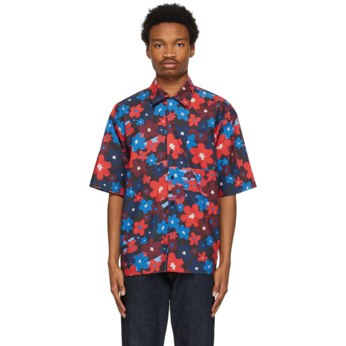 Marni Red and Blue Rainbow Flower Print Short Sleeve Shirt