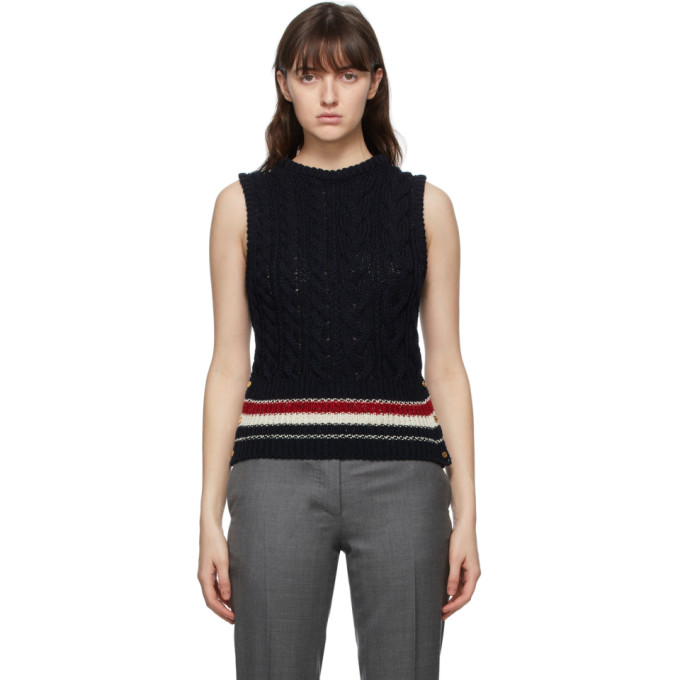 Thom Browne Online Exclusive Navy Mohair Aran Cable Classic RWB Stripe Vest