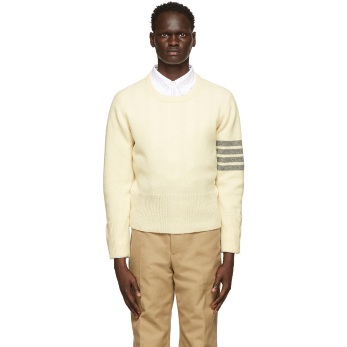 Thom Browne Off-White Shetland Wool 4-Bar Crewneck Sweater