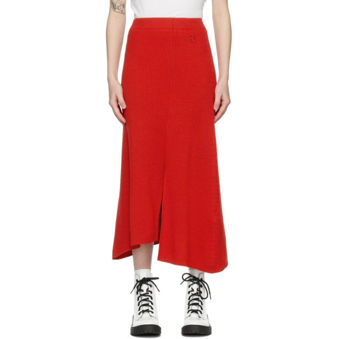 Kenzo Red Wool Asymmetric Skirt