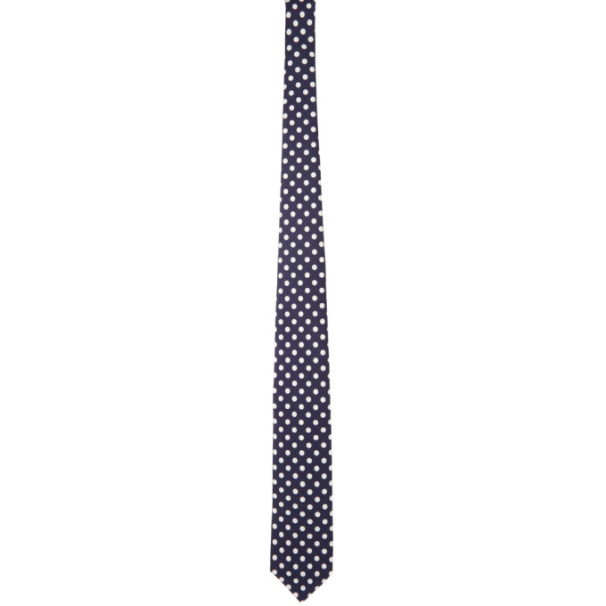 BEAMS PLUS Navy and White Silk Dot Print Tie