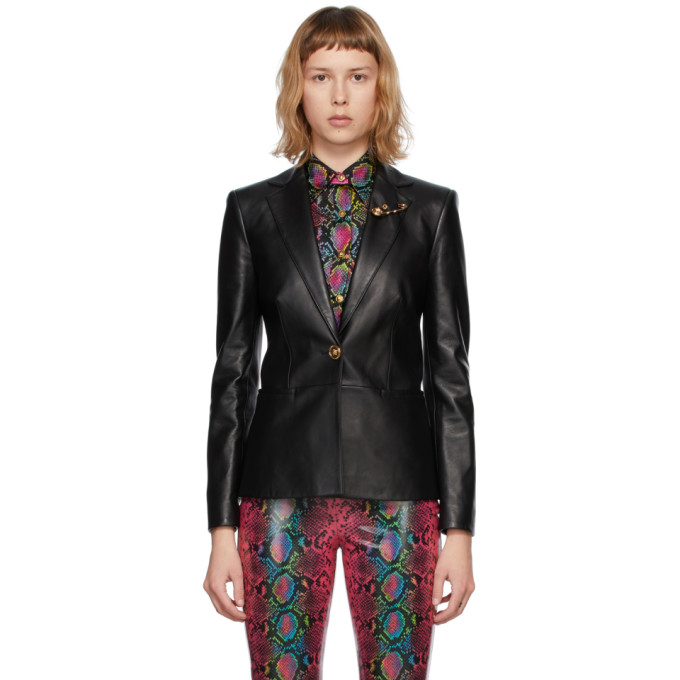 Versace Black Leather Medusa Safety Pin Blazer