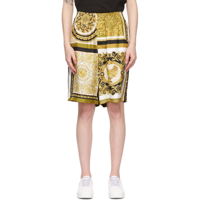 Versace White and Yellow Silk Barocco Acanthus Shorts