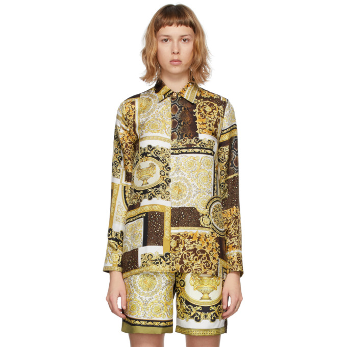 Versace White and Gold Silk Barocco Mosaic Shirt