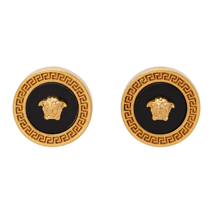 Versace Gold and Black Small Enamel Medusa Earrings