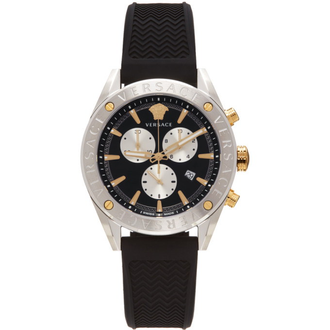 Versace Silver & Black V-chrono Watch In Silver/blac