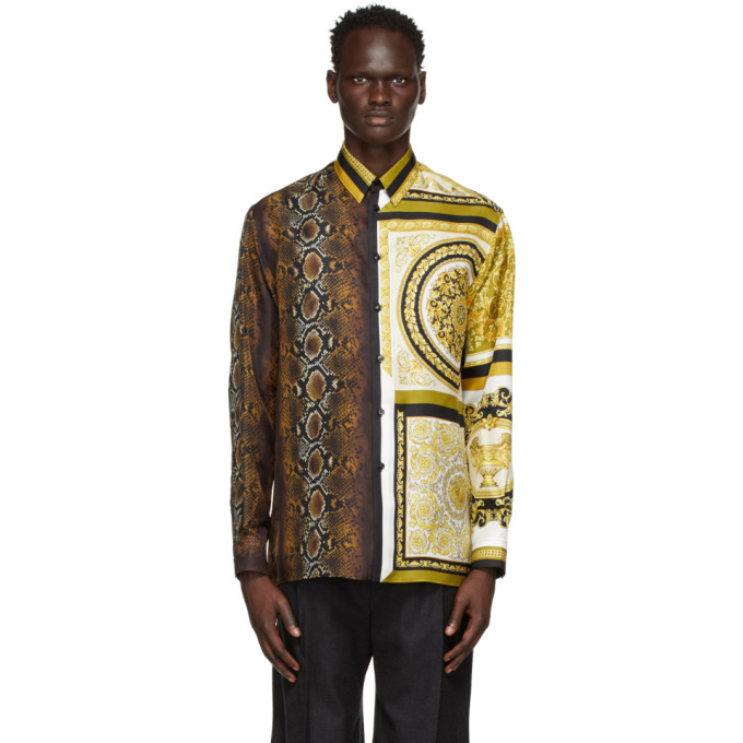 Versace Brown Silk Mixed Print Shirt