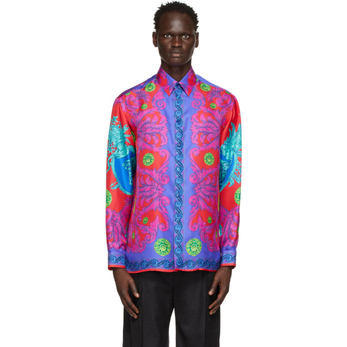 Versace Purple and Red Silk Medusa Trionfo Shirt