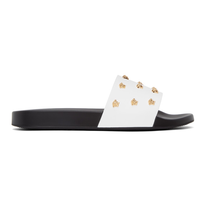 Versace White and Black Leather Medusa Stud Slides