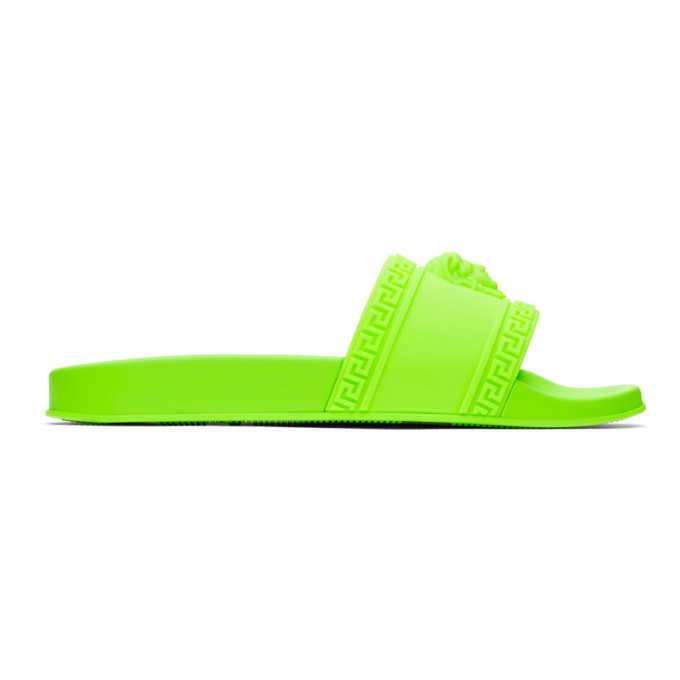 Click to view more detailed imagery on our partner's website Versace Green Palazzo Pool Slides In Df4 Fluo