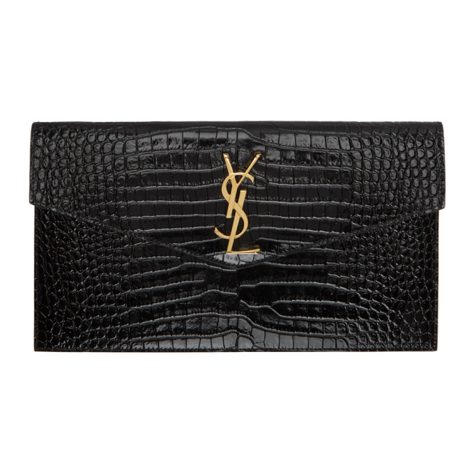 Saint Laurent Black Croc Uptown Envelope Pouch