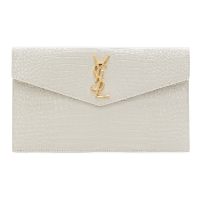 Saint Laurent White Croc Medium Uptown Envelope Pouch In 9207 White