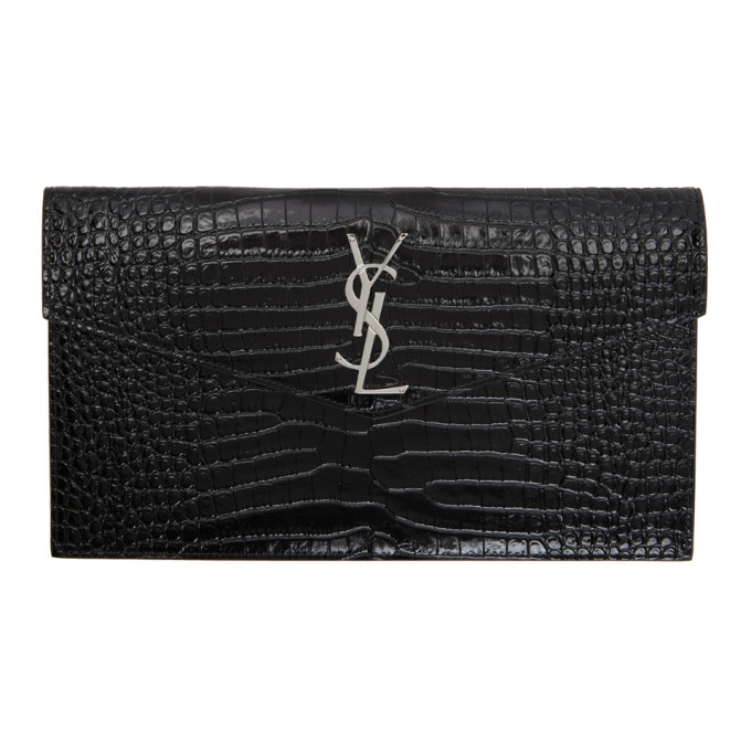 Saint Laurent Black Croc Medium Uptown Envelope Pouch