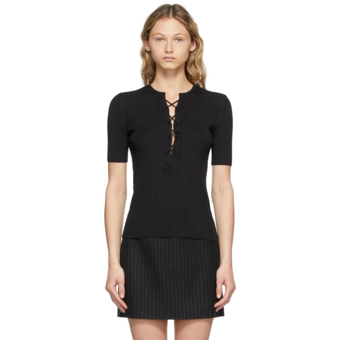 SAINT LAURENT BLACK RIBBED LACE-UP SWEATER