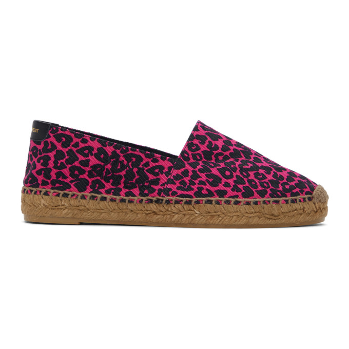 Saint Laurent Pink and Black Babycat-Print Embroidered Espadrilles