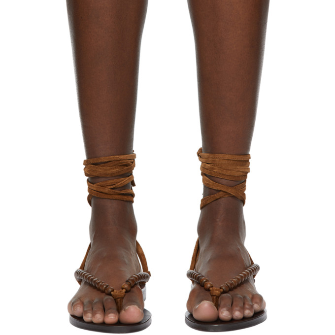 SAINT LAURENT BROWN BEADED WRAPAROUND GIA FLAT SANDALS