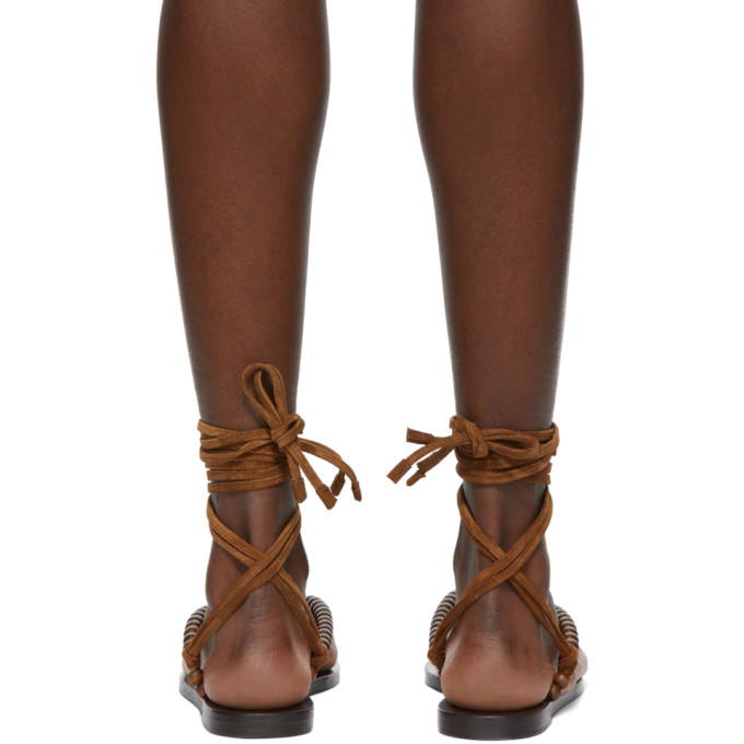 SAINT LAURENT BROWN BEADED WRAPAROUND GIA FLAT SANDALS