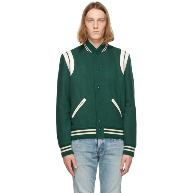 Saint Laurent Teddy Varsity Jacket in Green for Men