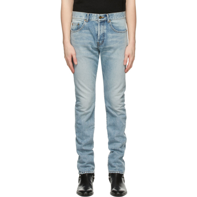 Click to view more detailed imagery on our partner's website Saint Laurent 17cm Logo Slim Fit Cotton Denim Jeans In 4681 Hwblue