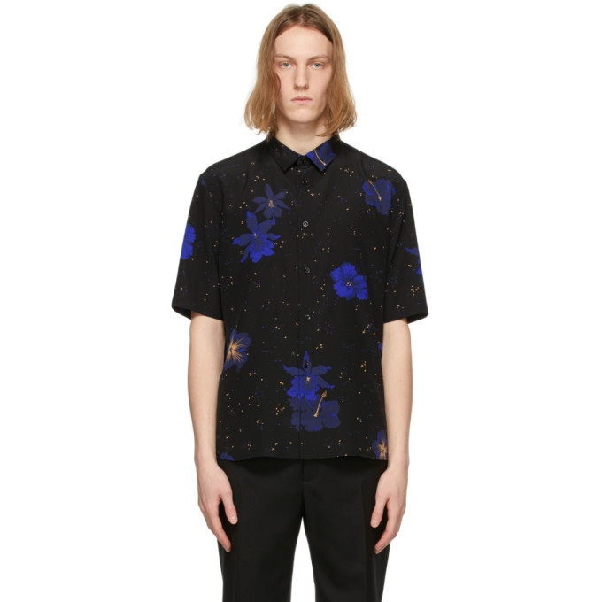 Click to view more detailed imagery on our partner's website Saint Laurent Confetti Hibiscus Short Sleeve Silk Button-up Shirt In 1093 Blkblu