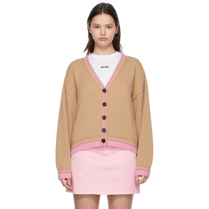 MSGM Beige and Pink Cashmere Logo Cardigan