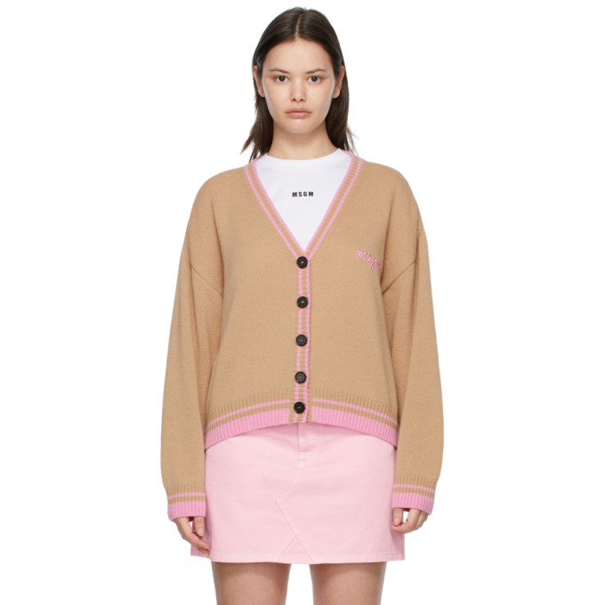 MSGM BEIGE & PINK CASHMERE LOGO CARDIGAN