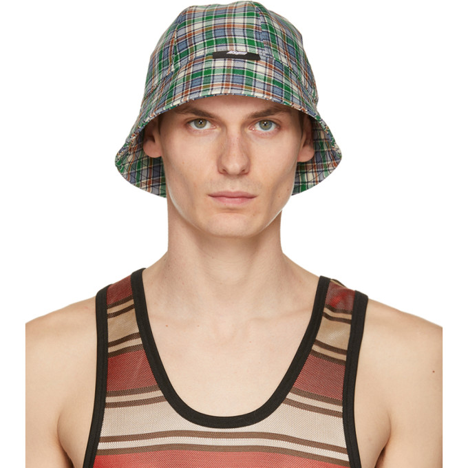 MSGM Green and Blue Check Print Cloche Bucket Hat