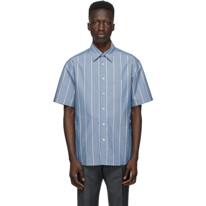 Dunhill Blue Poplin Striped Short Sleeve Shirt
