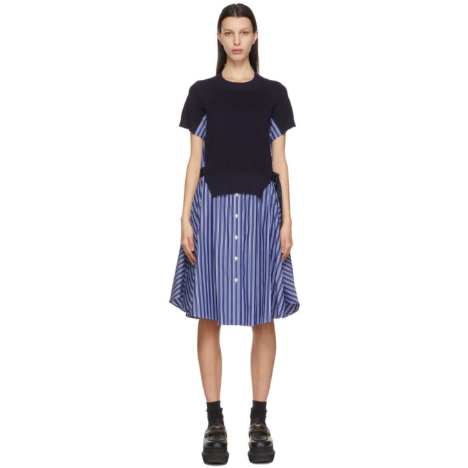 Sacai Navy and Blue Stripe Knit Panel Dress