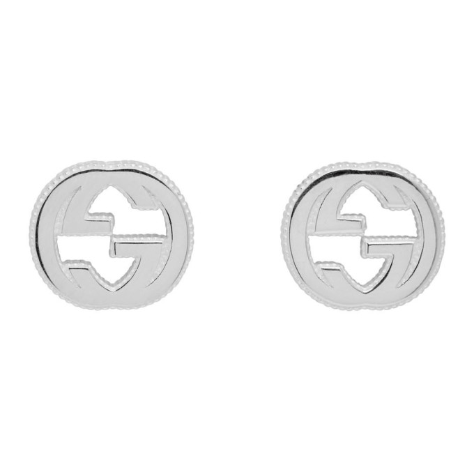 Gucci Silver and White Interlocking G Stud Earrings