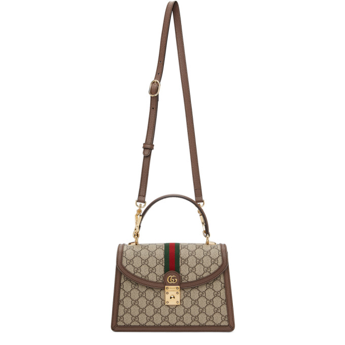 Gucci Brown & Beige Small Ophidia Top Handle Bag In 8745 Brown