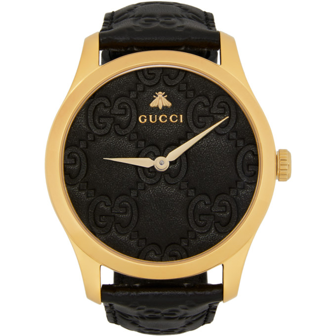 Gucci Gold and Black Embossed G-Timeless Watch